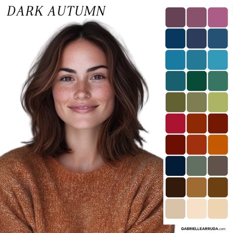 Understand the autumn seasonal color palettes including dark autumn, true autumn and soft autumn. Begin to explore the essence of the autumn colors, including style inspirations, overall aesthetic, jewelry and fabrics. Master your best colors and always love what you wear with pca. deep autumn | warm autumn | muted autumn Deep Autumn Skin Color Palette, Dark Autumn Skin Color Palette, Dark Autumn Color Season Outfits, Deep Autumn Color Palette Jewelry, Deep Autumn Vs Soft Autumn, Autumn Dark Color Palette, Dark Autumn Clothing Palette, Color Palette Deep Autumn, Autumn Neutrals Color Palettes