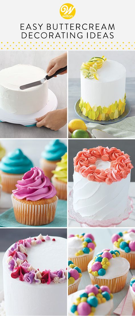 These easy buttercream decoration techniques are perfect for decorating cakes and cupcakes. Great for beginners, these techniques use standard tips and tools to make lovely designs. These simple and fun ideas are a great place to start your dessert decorating journey! Using standard tips and tools, these buttercream techniques will help you celebrate at home with what you have on hand already. #wiltoncakes #cakes #cakedecorating #cakeideas #cupcakes #cupcakedecorating #cupcakeideas #blog Buttercream Techniques, Buttercream Cake Designs, Buttercream Decorating, Cake Decorating Icing, Cake Decorating For Beginners, Buttercream Cake Decorating, Wilton Cake Decorating, Simple Cake Designs, Cake Decorating Piping