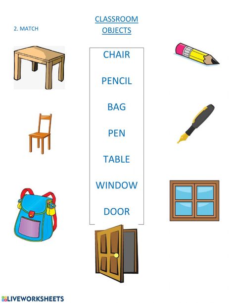 Vocabulary online exercise for Young Learners. You can do the exercises online or download the worksheet as pdf. Things In My Classroom Worksheet, Classroom Things Worksheet, Things In The Classroom Worksheet, English Learning Worksheets, Classroom Objects Worksheet, Speaking Activities Esl, Classroom Objects, English Quiz, Grammar For Kids