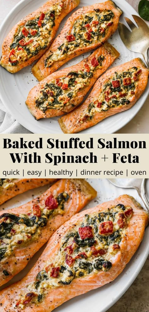 Baked Stuffed Salmon, Salmon With Spinach, Seafood Soups, Mediterranean Recipes Healthy, Stuffed Salmon, Mediterranean Diet Recipes Dinners, Pescetarian Recipes, Fish Dinner Recipes, Easy Mediterranean Diet Recipes