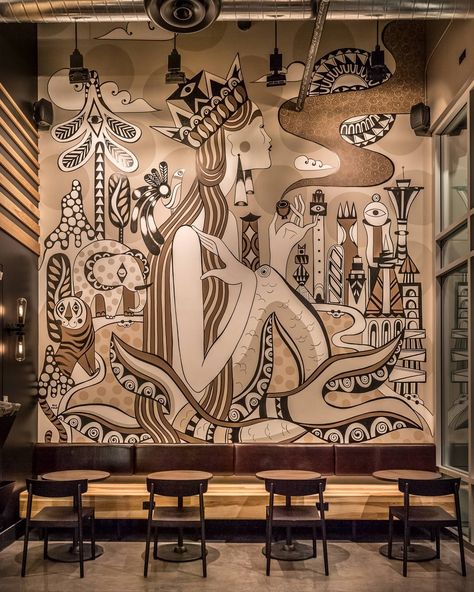 Mural Cafe, Starbucks Art, Creative Wall Painting, Cafe Wall Art, Interior Artwork, Art Program, Graffiti Murals, Cafe Art, Cafe Wall