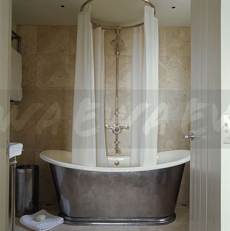 Image: White curtains on circular shower rail above grey metal slipper bath in country bathroom - EWA Stock Photo Library Shower Curtain For Free Standing Tub, Circular Shower Curtain Rod, Slipper Bath Small Bathroom, Roll Top Bath With Shower Over, Bath In Bedroom, Cottage Showers, Freestanding Bath With Shower, Cottage Bathroom Ideas, Shower Combo