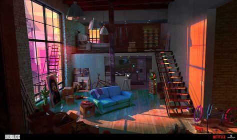 Entergalactic Netflix Apartment, Entergalactic Movie Apartment, Entergalactic Netflix Concept Art, Art Studio Concept Art, Studio Apartment Concept Art, Entergalactic Netflix Aesthetic, Intergalactic Movie, Apartment Concept Art, Entergalactic Jabari