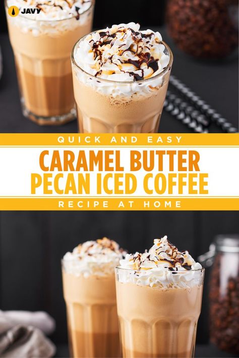 How to make Caramel Butter Pecan Iced Coffee at home using Javy Coffee Butter Pecan Iced Coffee, Espresso Machine Recipes, Recipe With Caramel, Cold Coffee Drinks Recipes, Caramel Iced Coffee Recipe, Caramel Iced Coffee, Caramel Butter, Javy Coffee, Cold Brew Coffee Recipe