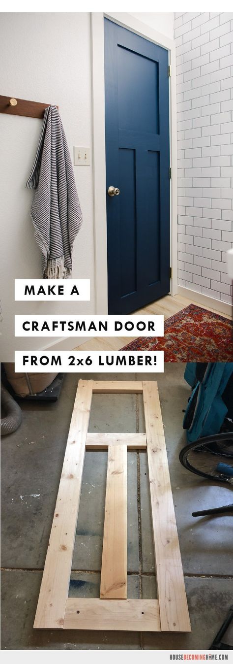 Build a 3-panel craftsman door from affordable 2x6 lumber. This tutorial walks you through the steps to make your own! Diy Craftsman Door, 3 Panel Door, Diy Interior Doors, Farmhouse Craftsman, Affordable Farmhouse, Building A Door, Craftsman Door, Make A Door, Craftsman Bungalow