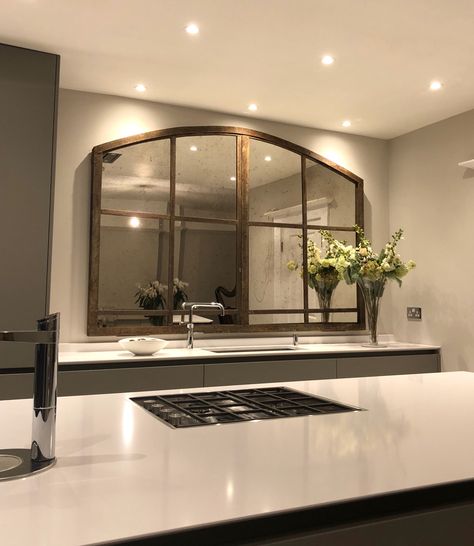 Large antique reclaimed wooden node mirror positioned to reflect our client kitchen space Mirror Behind Kitchen Sink, Mirror Over Kitchen Sink, Mirror In Kitchen, Kitchen Sink Mirror, Bar Wall Ideas, Architectural Mirror, Mirror Kitchen, Over Kitchen Sink, Mirror Collection