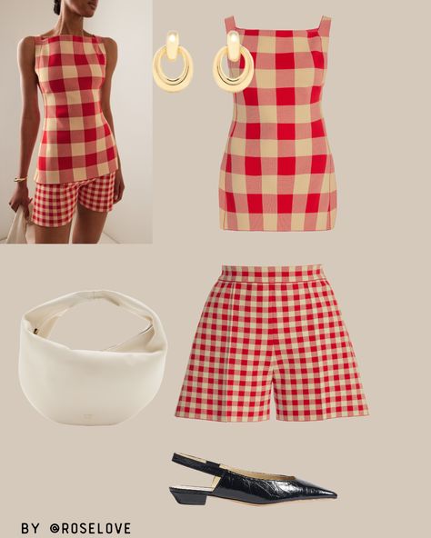 🌟 Summer chic in gingham! 🌟  Turn heads with our red and beige gingham set. Pair it with black slingback flats, a cream bag, and gold hoops for the perfect look.  🛒 Shop now and elevate your style! #SummerStyle #OOTD #Fashionista #ROSELOVE Black Slingback Flats, Gingham Set, Beige Gingham, Cream Bag, Gingham Outfit, Italian Summer Outfits, Cream Bags, Ryder Cup, Red And Beige