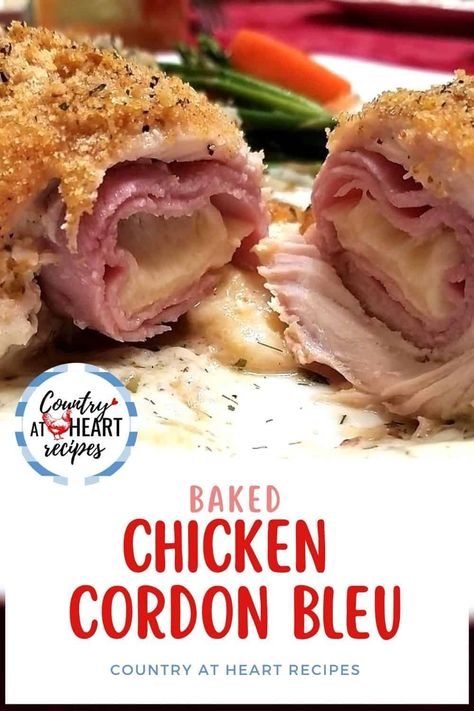 Baked Chicken Cordon Bleu is an easy, yet elegant recipe for a special dinner. Tender and lightly seasoned chicken breasts rolled up in ham and oozing Swiss cheese, baked to a golden brown crust. It's so good. Your family or guests will think you've slaved in the kitchen all day.  #bakedchickencordonbleu #chickencordonblue #maindishes #chicken #deliham #swisscheese #countryatheartrecipes https://countryatheartrecipes.com/2021/02/baked-chicken-cordon-bleu/ Best Amish Recipes, Baked Chicken Cordon Bleu, Rolled Chicken Breast, Ham And Cheese Roll Ups, Rolled Chicken Recipes, French Chicken, Heart Recipes, Chicken Ham, Cheese Baked