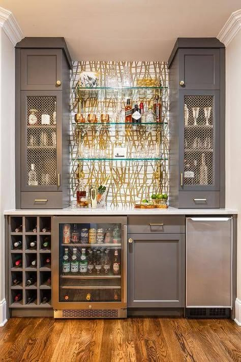 43 Wet Bar Ideas To Inspire You Wet Bar Ideas In Living Room, French Bistro Shelving, Glass Bar Shelves, Small Kitchen Bar, Wet Bar Cabinets, Built In Wet Bar, Bistro Shelving, Wet Bar Designs, Kitchen Wet Bar