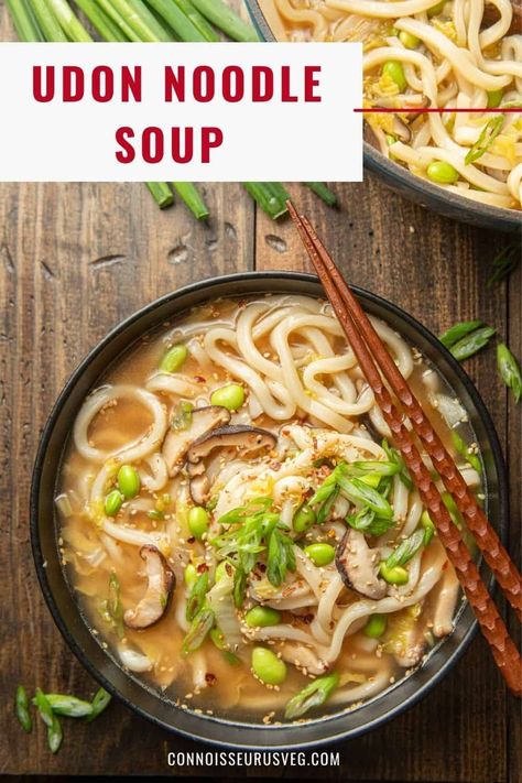 This comforting udon noodle soup is made with tender shiitake mushrooms, edamame, and napa cabbage in a ginger miso broth. It's easy to make, loaded with flavor, and totally hits the spot on cold days! Udon Noodle Soup Vegetarian, Miso Udon Noodle Soup, Miso Udon Soup, Miso Udon, Udon Soup, Udon Noodle Soup, Miso Broth, Ginger Miso, Udon Noodle