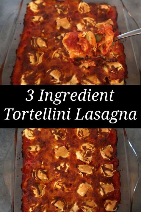 Tortellini Lasagna Recipe – Easy 3 Ingredient Cheesy Oven Baked Tortellini Casserole – Budget friendly vegetarian dinner idea. Oven Baked Ravioli, Tortellini Lasagna, Lasagna Recipe Easy, Baked Tortellini Casserole, Tortellini Casserole, Baked Ravioli Casserole, Baked Tortellini, Budget Dinner, Ravioli Casserole