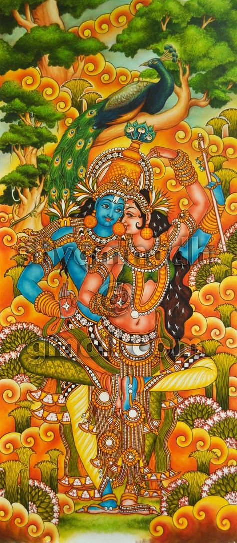 Radhakrishna Mural Painting, Mural Painting Kerala, Radhakrishna Painting, Mysore Painting, Mural Art Design, Mural Paintings, Ancient Drawings, Environment Painting, Kerala Mural Painting