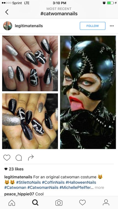 Catwoman Inspired Nails, Cat Woman Nails, Catwoman Nails, Original Catwoman, Night Nails, Catwoman Cosplay, Woman Costume, October Nails, Cat Woman