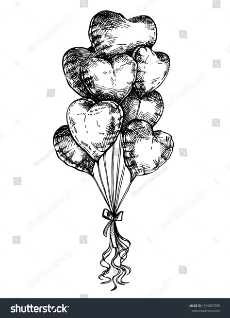 Heart Shaped Balloon Tattoo, Heart Balloons Drawing, Heart Balloon Drawing, Heart Balloon Tattoo, Balloons Sketch, Spring Tattoos, Cute Little Paintings, Balloon Sketch, Balloons Drawing