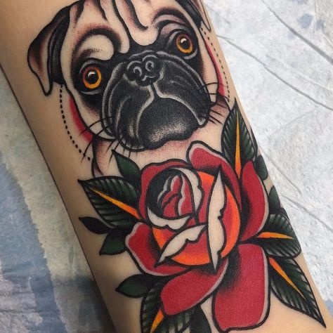 tattoodo | Pug n rose by Matt Cannon #MattCannon #color #traditional #petportrait #pug #dog #rose #leaves #nature #flower #dots #animal #tattoooftheday | Tattoodo Traditional Dog Tattoo, Geometric Dog Tattoo, Pug Tattoo, Nature Tattoo Sleeve, Nature Tattoo, Lace Tattoo, Traditional Tattoo Art, A Pug, Tattoos Gallery