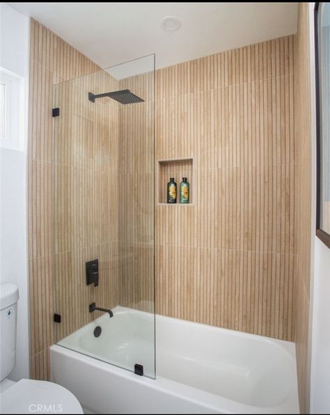 Master Shower Ideas Wood Tile, Wood Look Tile Shower Walls With Tub, Wood Tile Around Bathtub, Wood Slat Tiles Bathroom, Small Tub Bathroom Ideas, Masculine Coastal Bathroom, Wood Clad Bathroom, Wood Tile Tub Surround, Slat Tile Bathroom