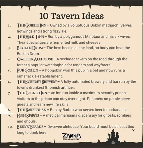 (Steep) 10 Tavern Ideas Tavern Names Dnd, Cool Dnd Campaign Ideas, Dnd Quest Hooks, Dnd Encounters Ideas, Dungeons And Dragons Story Ideas, Dnd Campaign Names, Homebrew Campaign Ideas, Medieval Fantasy Plot Ideas, Websites For Dnd