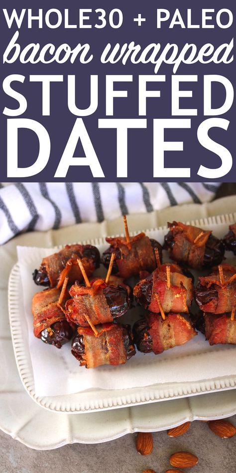 Wrapped Dates, Paleo Appetizers, Stuffed Dates, Pastas Recipes, Bacon Wrapped Dates, Bacon Appetizers, Paleo Snacks, Easy Paleo, Paleo Whole 30