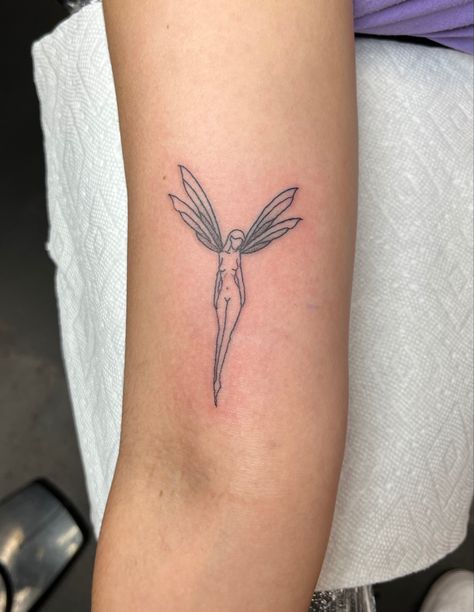 Symmetrical Fairy Tattoo, Dainty Fairy Tattoo Outline, Fae Tattoo Women, Fairy Tattoo Linework, Naked Fairy Tattoos For Women Simple, Fairy Tattoo Meaning, Fairy Finger Tattoo, Fairy Elf Tattoo, Fairy Line Tattoo