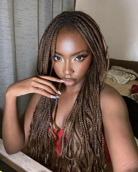 Small Box Braids With Wavy Ends, Brown Braids For Black Women Dark Skin, Brown Micro Braids, Yellow Braids For Black Women, Ash Brown Braids, Colored Box Braids For Black Women, Colored Box Braids On Dark Skin, Dark Skin Blonde Braids, Ombré Box Braids