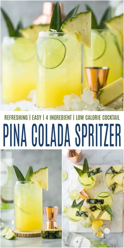 Lime Sparkling Water Cocktails, Pina Colada Spritzer, Spritzer Cocktails, Easy Pina Colada Recipe, Sparkling Water Cocktail, Pineapple Cocktail Recipes, Speciality Drinks, Healthy Pina Colada, Homemade Staples