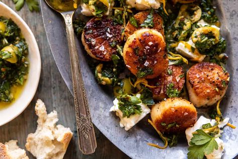 Herbed Garlic Butter Scallops with Lemony Feta Dressing | halfbakedharvest.com Garlic Butter Scallops, Butter Scallops, Feta Dressing, Easy Skillet Dinner, Half Baked Harvest Recipes, How To Cook Scallops, Seafood Meals, Pan Seared Scallops, Veggie Meals