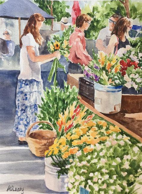 Market Scene Composition Painting, Watercolor Market Scene, Flower Shop Watercolor Painting, Garden Memory Drawing, Flower Market Watercolor, Garden Watercolour Painting, Market Art Drawing, Market Scene Composition, Flower Market Illustration