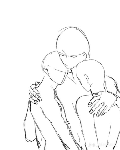 Three People Hugging Drawing Reference, Family Hugging Drawing, Three People Hugging Reference, Three People Hugging, Three People Poses Drawing, Hug Pose Reference, Kiss Reference, Sketch Pose, Hug Pose