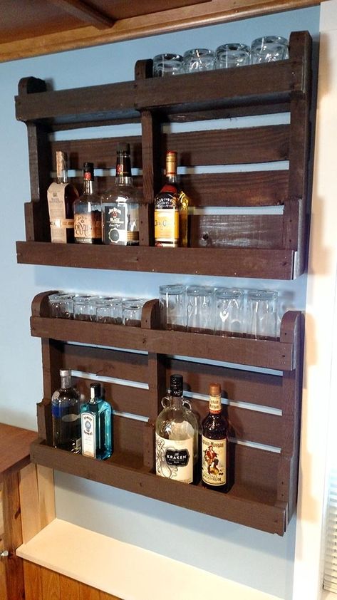 Home Bar Liquor Cabinet - Ideas on Foter Diy Liquor Cabinet, Diy Liquor, Pallet Shelves Diy, Bar Pallet, Whiskey Rack, Pallet Bathroom, Small Bars For Home, Liquor Shelf, Diy Entertainment