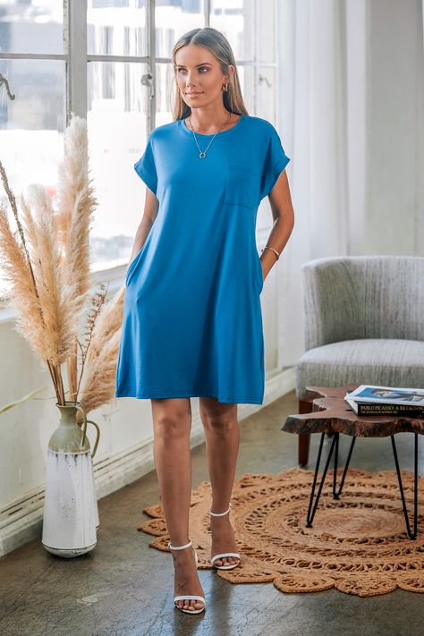 Stay comfy and stylish on-the-move with the Blue Round Neck Short Sleeve Mini Jersey Dress! Its versatile design and soft fabric make it a must-have for busy days. Product code: CAA05A4C110UU Features:  Knit Round neckline Short wide sleeves Breast patch pocket Mini Wash Method: Regular Wash Material: 65%POLYESTER,30%RAYON,5%SPANDEX. Jersey Dresses, Affordable Swimwear, Make Memories, Dresses Women, Wide Sleeves, Jersey Dress, Summer Dresses For Women, Jumpsuits For Women, Soft Fabric