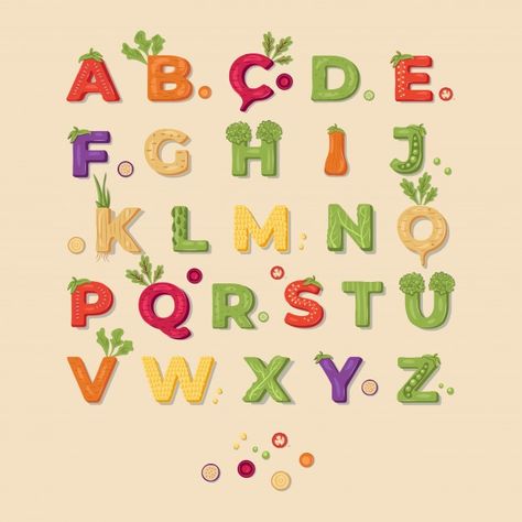 Food Alphabet, Food Font, Food Lettering, Hand Lettering Alphabet Fonts, Vegetable Design, Food Education, Alphabet Font, Alphabet Tracing Worksheets, Typography Alphabet