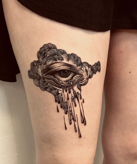 Eye Of Storm Tattoo, Cloud Knee Tattoo, Cloud Tattoo Cover Up, Eye In Cloud Tattoo, Abstract Cloud Tattoo, Melting Eye Tattoo, Dark Cloud Tattoo, Abstract Eye Tattoo, Eye Cloud Tattoo