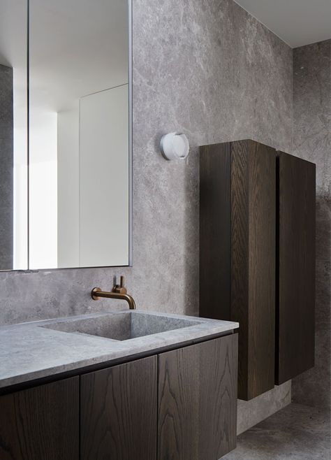 Bathroom | Shou-sugi-ban Home by Hecker Guthrie | est living Toorak Residence, Hecker Guthrie, Glass Blocks Wall, Concrete Effect Paint, Best Kitchen Design, Timber Battens, Bad Inspiration, Craftsman Home, Shou Sugi Ban