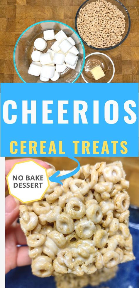 These easy cheerios cereal bars are fast to make with only 3 ingredients.  Try these homemade cheerios cereal treats and you can have them ready in about 15 minutes.  Cheerios bars with marshmallows are just like classic rice krispie treats, but they are made with cheerios instead. Cheerio Krispie Treats, Cheerio Treats Marshmallows, Snacks With Cereal, Cheerios And Marshmallows, Recipes For Cheerios, Cheerios Rice Crispy Treats, Cheerio Rice Crispy Treats, Vegan Cereal Bars, Rice Krispie Cereal Ideas