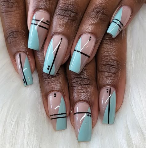 • The Nail Nest • on Instagram: "Minty Blue 💙 - • Apres Gelx - By Master Artist, Nessa - × Using @apresnailofficial Shape: Coffin Medium - × [Disclaimer: We do not claim that all of our designs are 100% ours. Please tag original artist in comment if applied 🖤] . [ www.nailnestatl.com ] . . . #bluenails #nudenails #coffinnails #chicnails #girlynails #nails💅 #nailstagram #nailsonfleek #nailsofinstagram #blacknails #geometricnails #naildesign #nailitmag #nailjunkie #nailaddict #nails #nailsofins Cute Simple Nail Designs Coffin, Geometric Nails Simple, Nail Line Designs Simple, Pretty Coffin Nail Designs, Medium Coffin Nail Designs, Black Line Nail Art, Fall 2022 Nail Colors, Nails Geometric Design, Coffin Medium Nails