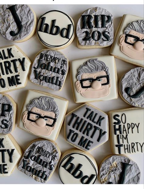 Thirty Cookies Decorated, 30th Birthday Cookies Men, Decorated Birthday Cookies For Him, 30th Birthday Treats, Disney Themed 30th Birthday Party, Thirty Birthday Cookies, 30th Birthday Party Themes For Guys, Dirty Thirty Cake For Men, Funny Birthday Cookies