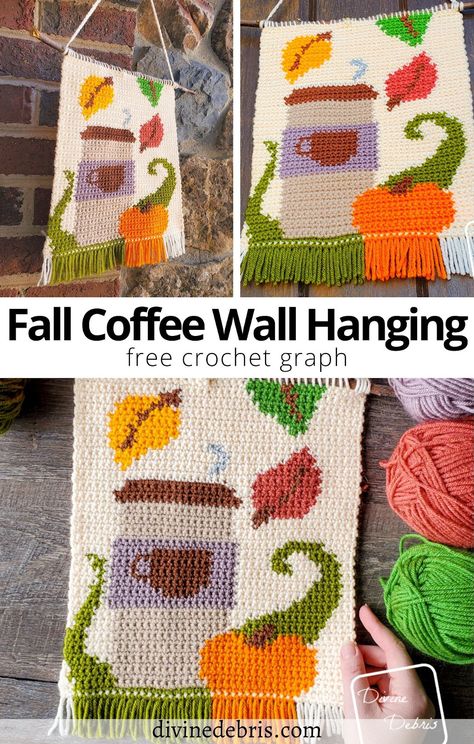 Fall Coffee Wall Hanging Free Crochet Pattern - Coffee Shop-Core - Graphic Crochet, Crochet Wall Hanging, Christmas Tree Hat, Crochet Dreamcatcher, Beautiful Buns, Coffee Wall, Crochet Wall Hangings, Crochet Christmas Trees, Crochet Style