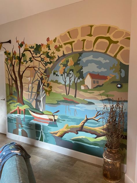 Wall sized paint by number from 10” x 14” vintsge original. Paint By Number Wall Mural, Paint By Number Wall, Diy Mid Century, Natural Paint, Number Wall, Mural Ideas, Paint By Numbers, Milk Paint, Nature Paintings