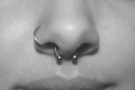 I really cannot decide if the septum and nose ring look good together, or would the septum look better with stud and or should I just have the septum in and take out my nose ring. Tough choices, luckily I don't have my septum pierced so I can ponder the idea for a bit. Bijoux Piercing Septum, Spiderbite Piercings, Orr Piercing, Piercing Bouche, Piercing Nostril, Piercing Conch, Septum Piercings, Piercing Septum, Face Piercings