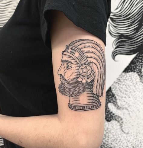 Nicolas Sanchez on Instagram: "Cyrus the Great for Raha Great pleasure to do this piece Cyrus II of Persia (c. 600–530 BC; Old Persian: 𐎤𐎢𐎽𐎢𐏁 Kūruš), commonly known as Cyrus the Great, was the founder of the Achaemenid Empire, the first Persian empire. Under his rule, the empire embraced all of the previous civilized states of the ancient Near East, expanded vastly and eventually conquered most of Western Asia and much of Central Asia. Spanning from the Mediterranean Sea and Hellespont in t Cyrus The Great Tattoo, Persian Empire Tattoo, Achaemenid Empire, Ancient Persian Art, Persian Tattoo, Empire Tattoo, Cyrus The Great, Ancient Near East, Western Asia