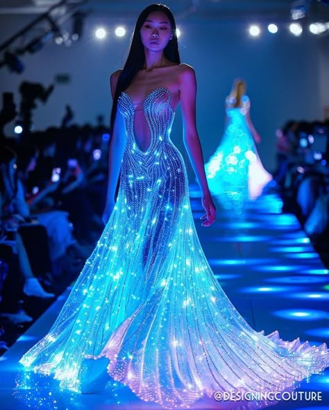 designing couture | ai fashion (@designingcouture) • Instagram photos and videos Pisces Dress, Garment Sketches, Lights Prom, Glow Dresses, Glowing Dress, Dresses Fantasy Gowns, Light Up Dress, Siren Style, Magical Aesthetic