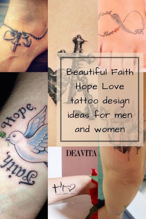 A union of three mighty symbols, Faith Hope Love tattoo design ideas are an interpretation of the three main Christian virtues. The cross, the anchor and the heart, which are connected together, are also an allegory of the Holy Trinity, and are still one of the most popular symbols that express spirituality. Faith Hope Love Family Tattoo, Symbols Of Hope Tattoo, Faith Hope Charity Tattoo, Tattoo Hope Symbol, Faith Hope Love Tattoo Ideas, Christian Wrist Tattoos, Cool Tattoos With Meaning, Marriage Symbols, Marriage Tattoos