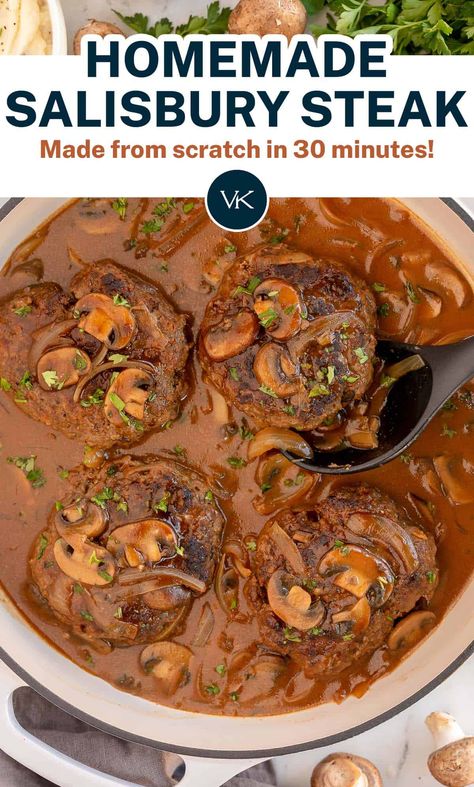 This Homemade Salisbury Steak recipe with rich and silky mushroom gravy is made completely from scratch in just 30 minutes. Serve it over mashed potatoes for a comforting, nostalgic meal. Homemade Salisbury Steak, Hamburger Steak And Gravy, Salisbury Steak Recipe, Over Mashed Potatoes, Meat Meals, Beef Meals, Salisbury Steak Recipes, Salisbury Steak, Mushroom Gravy