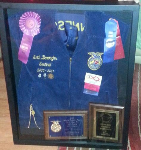 FFA blue and gold jacket along with awards ribbons and symbols of FFA career. Makes a great keepsake! We did thus for my daughter's boyfriend for Christmas. Ffa Jacket Shadow Box Ideas, Ffa Shadow Box Ideas, Ffa Jacket Display, Agriculture Education Classroom, Ffa Banquet, Ffa Jacket, Ag Classroom, Ffa Ideas, Teach Ag