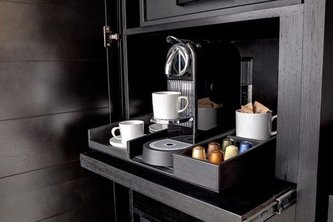 LOVE, LOVE this pull-out coffee station, EVERY house should have one!! Burlington MA Boutique Hotel | Archer Hotel Hotel Coffee Station, Hotel Minibar, Luxury Hotels Lobby, Coffee Bar Ideas, Bar Unit, Hotel Suite Luxury, Hotel Breakfast, Home Coffee Stations, Nice House