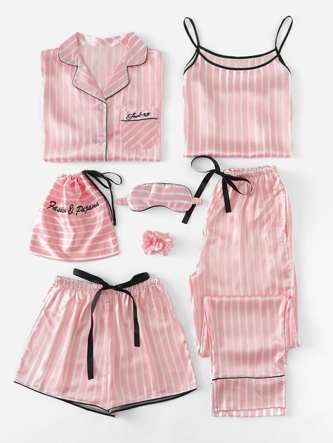 7Pcs Letter Embroidered Striped PJ Set With Shirt -SheIn(Sheinside) Star Wars Outfit, Pijamas Women, Satin Pj Set, Cute Sleepwear, Cute Pajama Sets, Pajama Outfits, Pastel Outfit, Cute Pajamas, Satin Pyjama Set