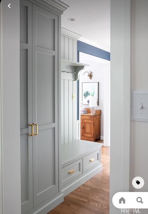 Entryway Cabinetry, Entryway Cabinets, Farrow And Ball Pigeon, Custom Entryway, Custom Mudroom, Hallway Cupboards, Vstupná Hala, Mudroom Bench With Shoe Storage, Mudroom Bench Diy