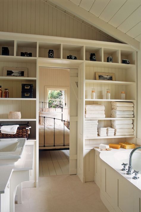 bathroom storage ideas, built-in shelves all over the bathroom wall Bathroom Built In Storage, Bathroom Built In Shelves, Built In Wall Storage, Built In Storage Ideas, In Wall Storage, Wood Built Ins, Bathroom Built Ins, Storage Small Bathroom, Clever Bathroom Storage