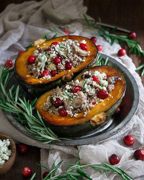 Lamb Stuffed Kabocha Squash - with Wild Mushroom Couscous Mushroom Couscous, Roasted Kabocha Squash, Kabocha Squash, Roasted Walnuts, Squash Recipe, Veggie Tales, Wild Mushroom, Fall Dishes, Acorn Squash