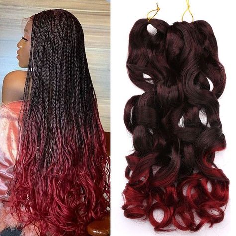 Red Braids French Curls, Red French Curl Box Braids, Spiraled Ends Braids, Red French Braids Black Women, Black To Red Ombre Braids, Ombre Hair Color Braids, Red Ombré Braids, Spiral Braids For Black Women, Red French Braids